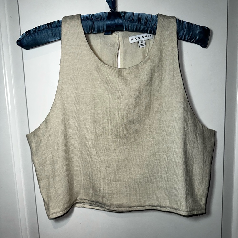 Miou Muse Beige Linen Cotton Crop Top Sleeveless Minimalist M - Picture 10 of 13